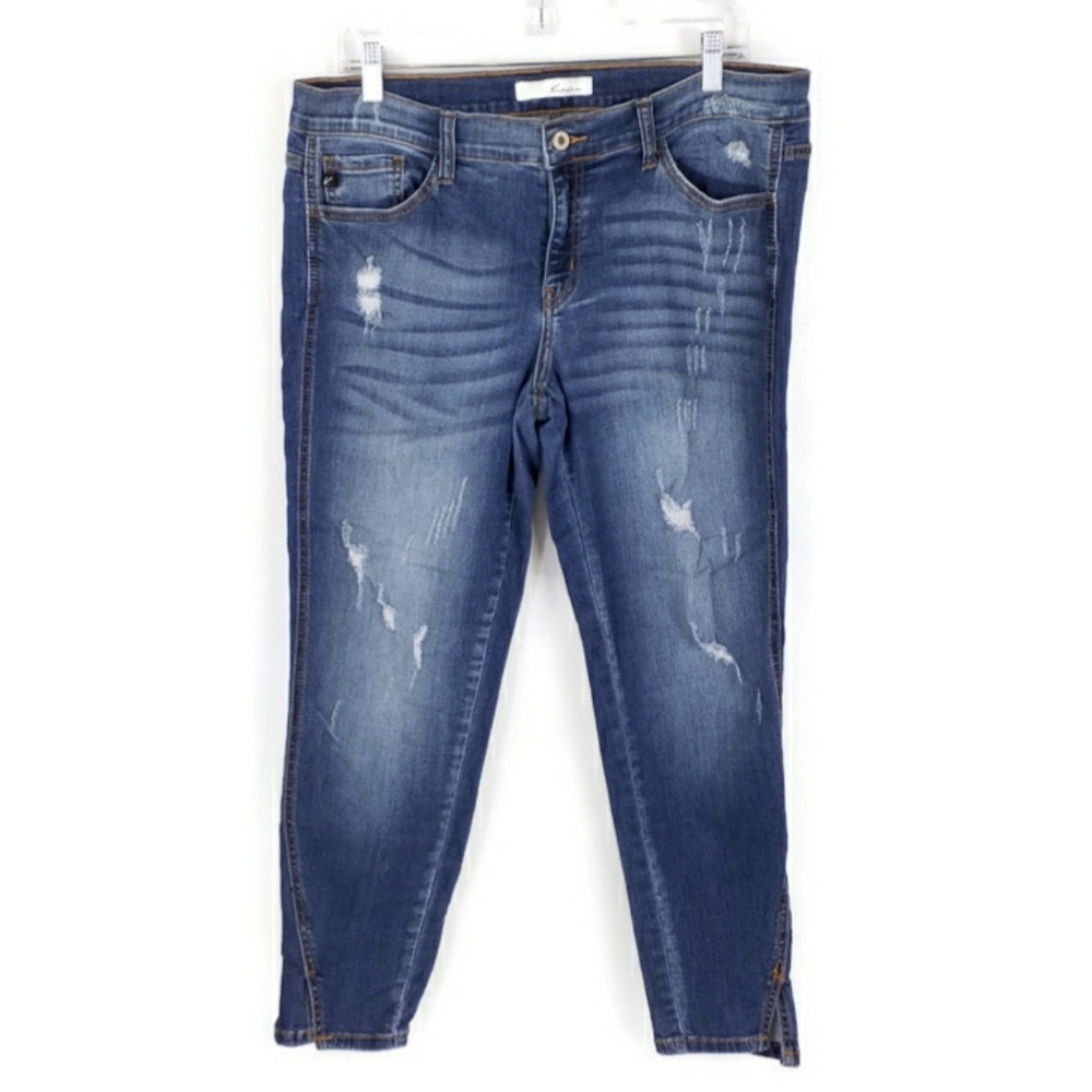 KanCan Medium Wash Mid Rise Distressed Split Hem Ankle Skinny Jeans Womens 15/31 - Picture 2 of 15